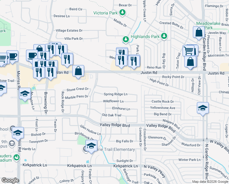 map of restaurants, bars, coffee shops, grocery stores, and more near 1404 Spring Ridge Lane in Flower Mound