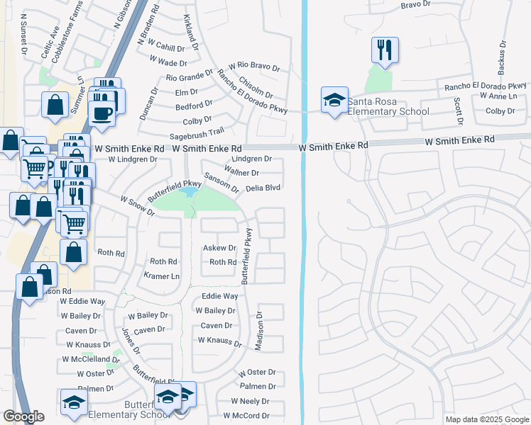 map of restaurants, bars, coffee shops, grocery stores, and more near 20828 North Madison Drive in Maricopa