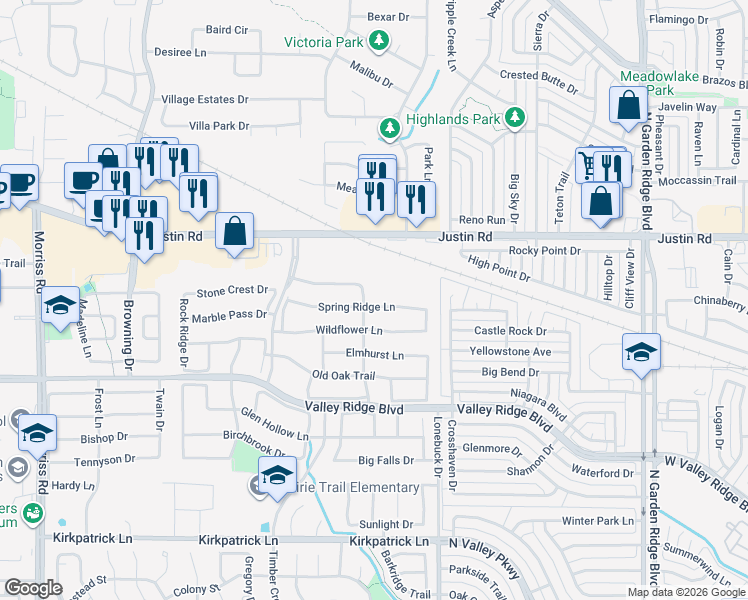 map of restaurants, bars, coffee shops, grocery stores, and more near 1312 Spring Ridge Lane in Flower Mound