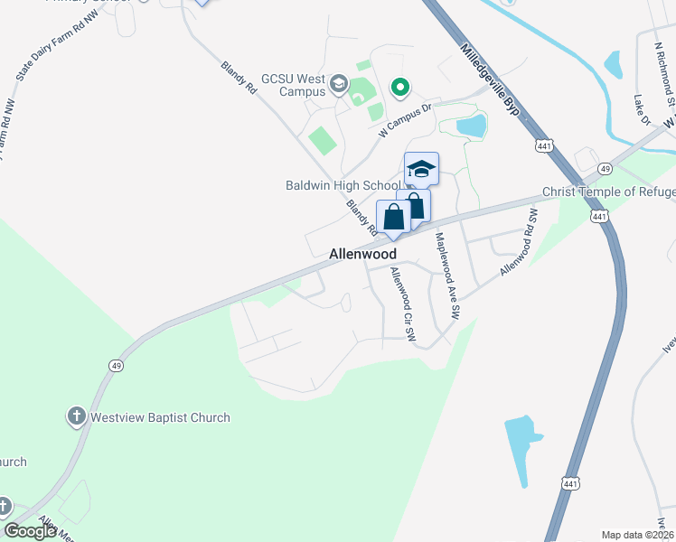 map of restaurants, bars, coffee shops, grocery stores, and more near 190 Georgia 49 in Milledgeville