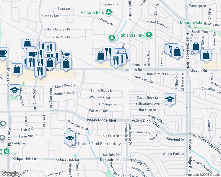 map of restaurants, bars, coffee shops, grocery stores, and more near 1312 Spring Ridge Lane in Flower Mound