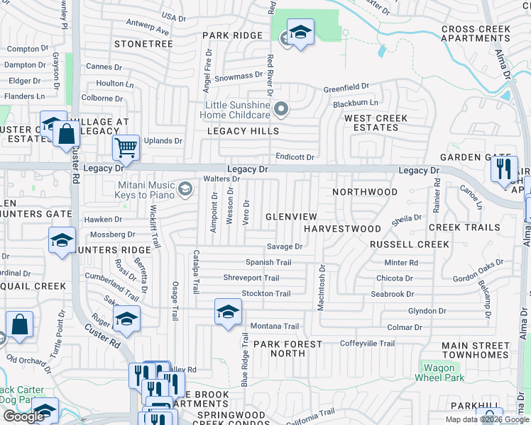map of restaurants, bars, coffee shops, grocery stores, and more near 6725 Darton Drive in Plano