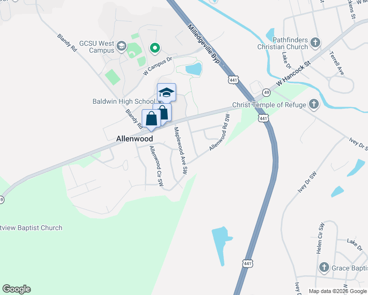 map of restaurants, bars, coffee shops, grocery stores, and more near 115 Maplewood Avenue Southwest in Milledgeville