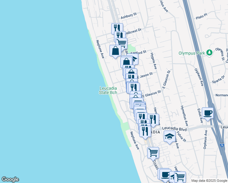 map of restaurants, bars, coffee shops, grocery stores, and more near 1220 Neptune Avenue in Encinitas