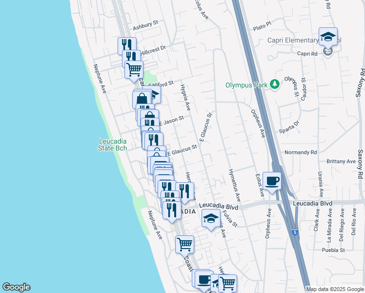 map of restaurants, bars, coffee shops, grocery stores, and more near Hermes Avenue in Encinitas