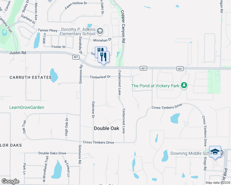 map of restaurants, bars, coffee shops, grocery stores, and more near 171 Trailing Oaks Drive in Double Oak
