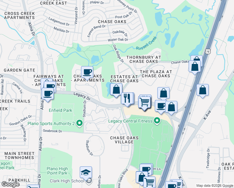 map of restaurants, bars, coffee shops, grocery stores, and more near 301 Legacy Drive in Plano