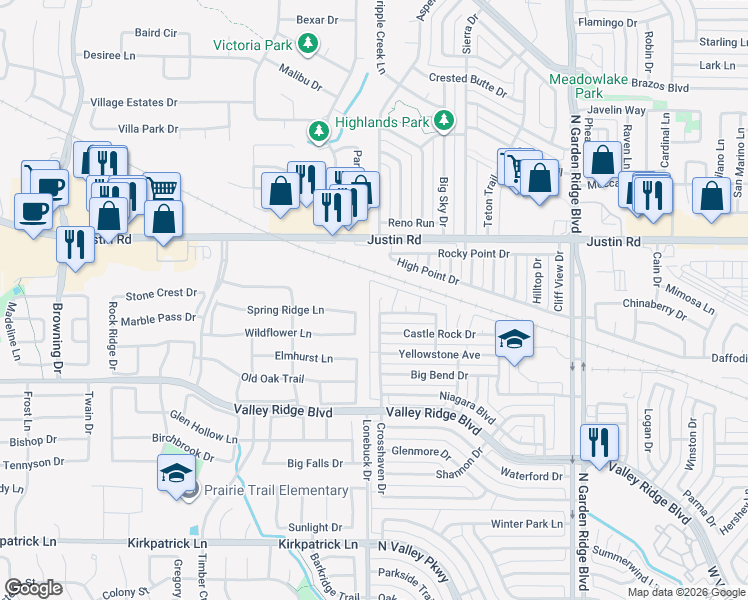 map of restaurants, bars, coffee shops, grocery stores, and more near 1858 Crosshaven Drive in Lewisville