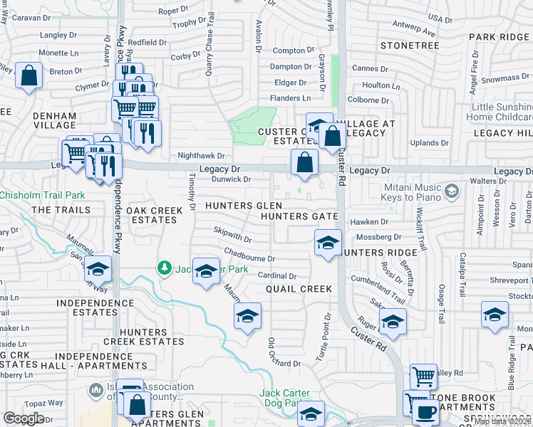 map of restaurants, bars, coffee shops, grocery stores, and more near 2301 Brown Deer Trail in Plano