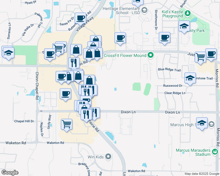 map of restaurants, bars, coffee shops, grocery stores, and more near 3000 Dixon Lane in Flower Mound