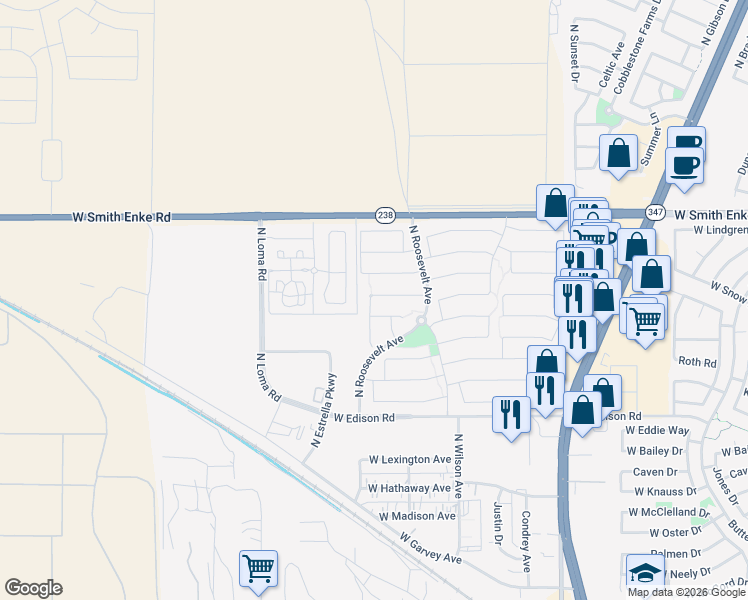 map of restaurants, bars, coffee shops, grocery stores, and more near 45430 West Paitilla Lane in Maricopa