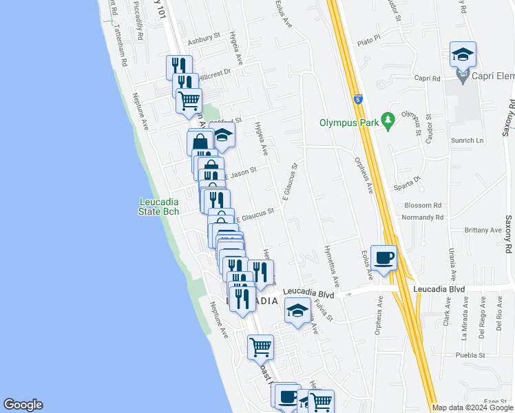 map of restaurants, bars, coffee shops, grocery stores, and more near 1125 Hermes Avenue in Encinitas