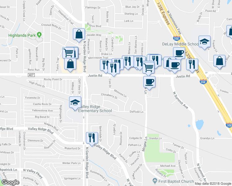 map of restaurants, bars, coffee shops, grocery stores, and more near 1388 Mimosa Lane in Lewisville