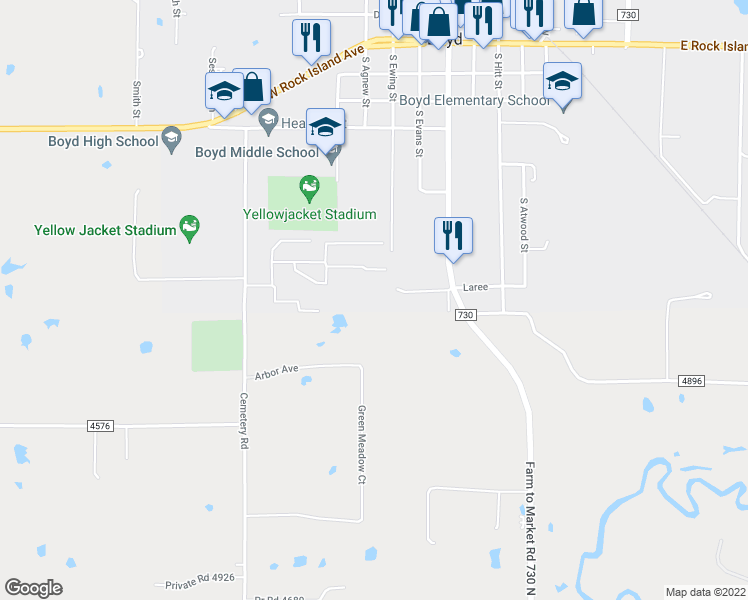 map of restaurants, bars, coffee shops, grocery stores, and more near 117 Willbanks Lane in Boyd