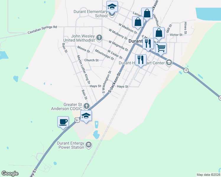 map of restaurants, bars, coffee shops, grocery stores, and more near 115 Bailey Street in Durant