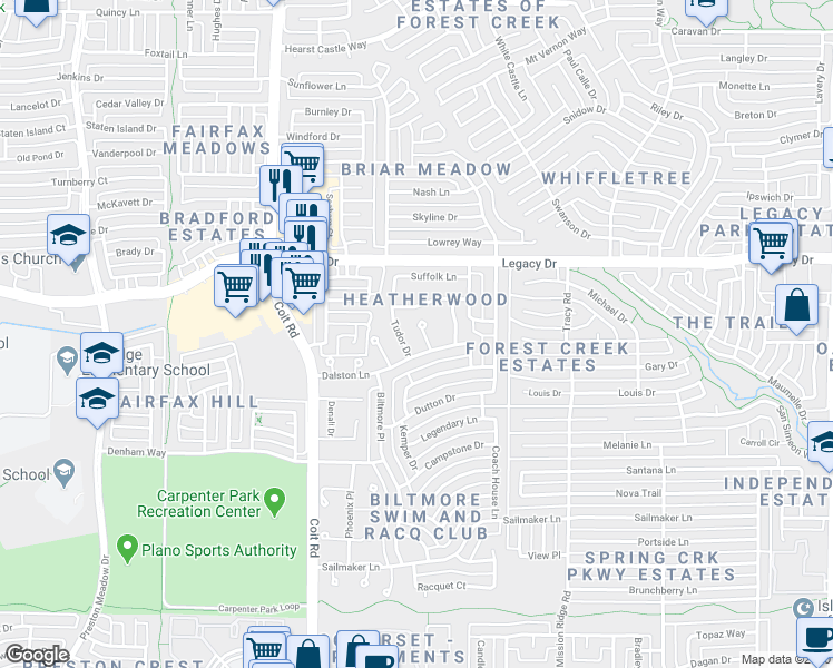 map of restaurants, bars, coffee shops, grocery stores, and more near 6817 Dalmation Circle in Plano