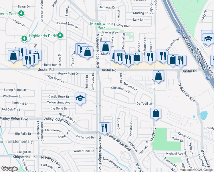 map of restaurants, bars, coffee shops, grocery stores, and more near 1416 Daffodil Lane in Lewisville