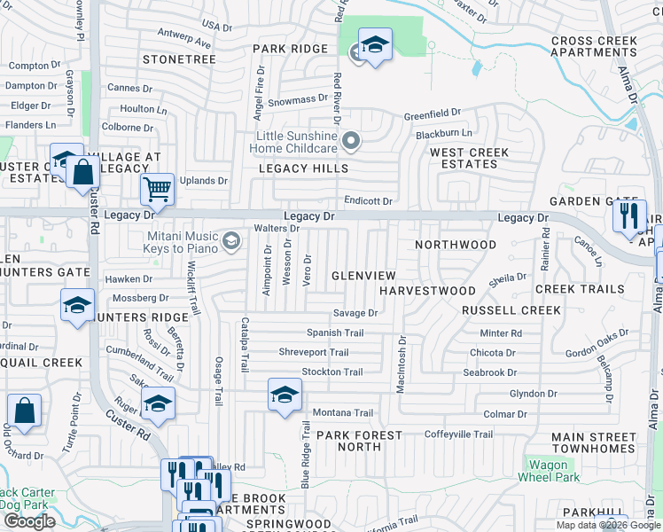 map of restaurants, bars, coffee shops, grocery stores, and more near 6725 Darton Drive in Plano