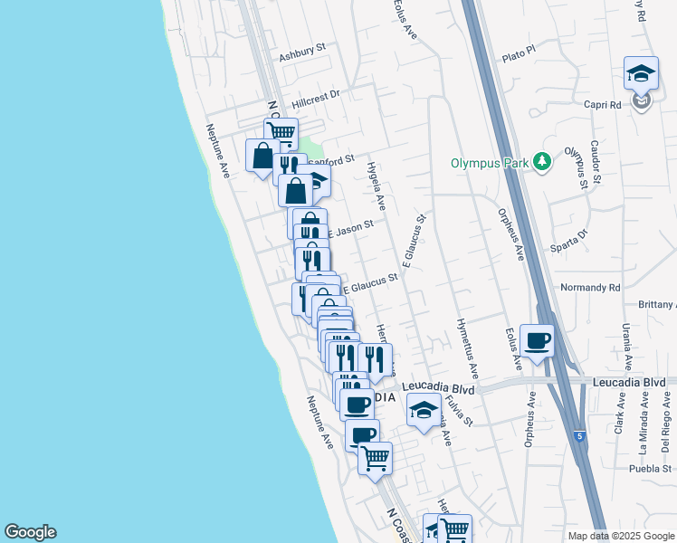 map of restaurants, bars, coffee shops, grocery stores, and more near 1149 North Vulcan Avenue in Encinitas