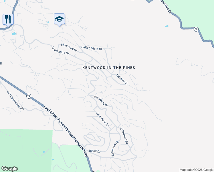 map of restaurants, bars, coffee shops, grocery stores, and more near 3305 Oakwood Drive in Julian