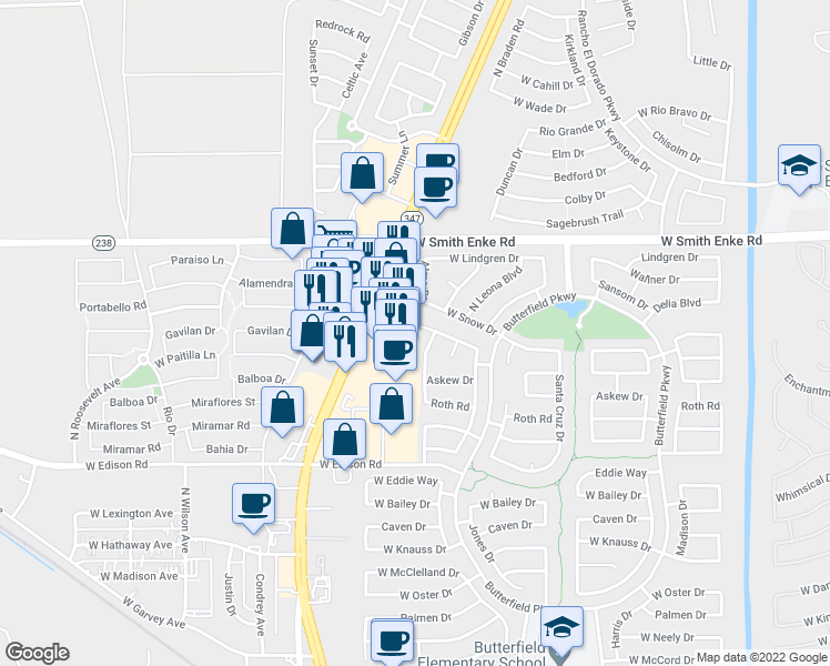 map of restaurants, bars, coffee shops, grocery stores, and more near 44285 West Cydnee Drive in Maricopa