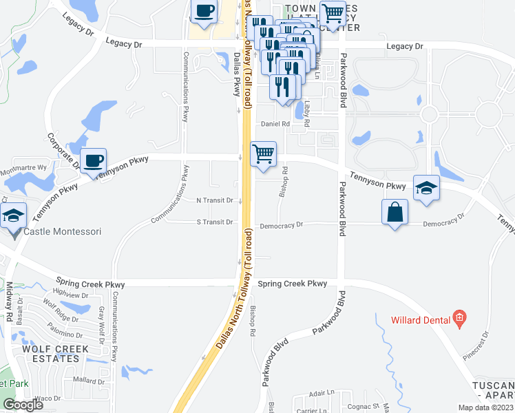 map of restaurants, bars, coffee shops, grocery stores, and more near 6840 Dallas Parkway in Plano