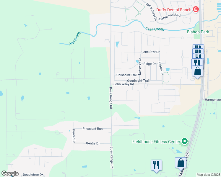 map of restaurants, bars, coffee shops, grocery stores, and more near Boss Range Road in Justin