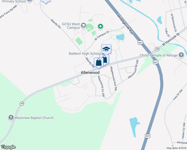 map of restaurants, bars, coffee shops, grocery stores, and more near 101 White Oak Lane Southwest in Milledgeville
