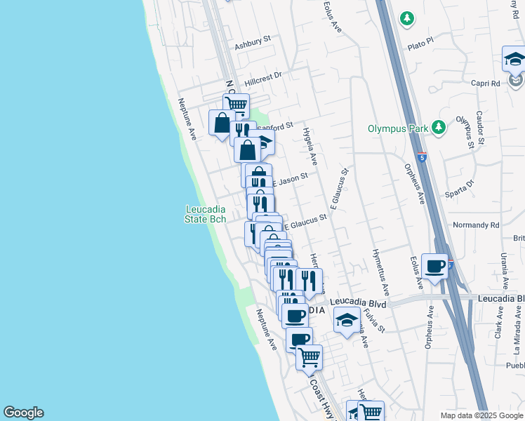 map of restaurants, bars, coffee shops, grocery stores, and more near 1206 North Coast Highway 101 in Encinitas