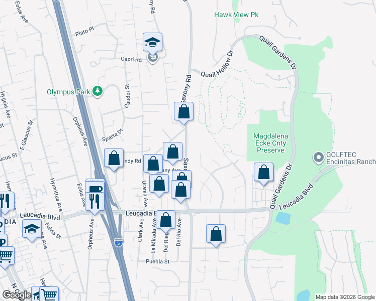 map of restaurants, bars, coffee shops, grocery stores, and more near 1111 Saxony Road in Encinitas