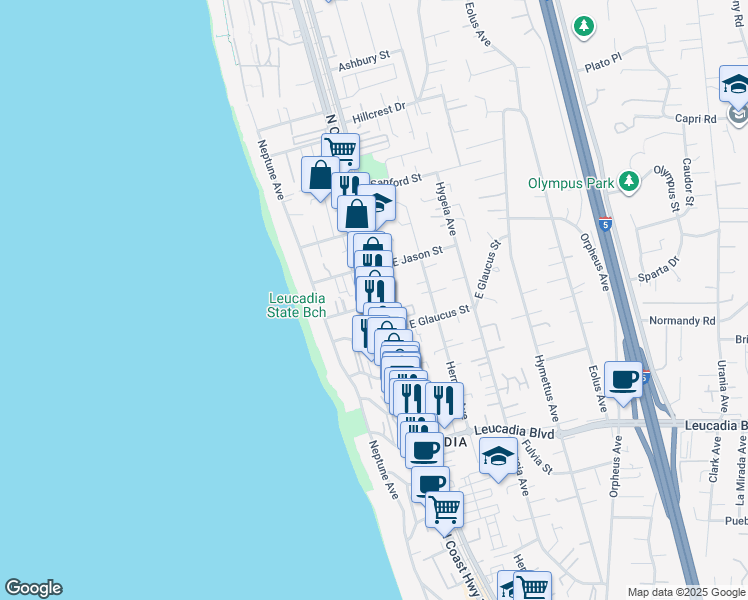 map of restaurants, bars, coffee shops, grocery stores, and more near 1206 North Coast Highway 101 in Encinitas