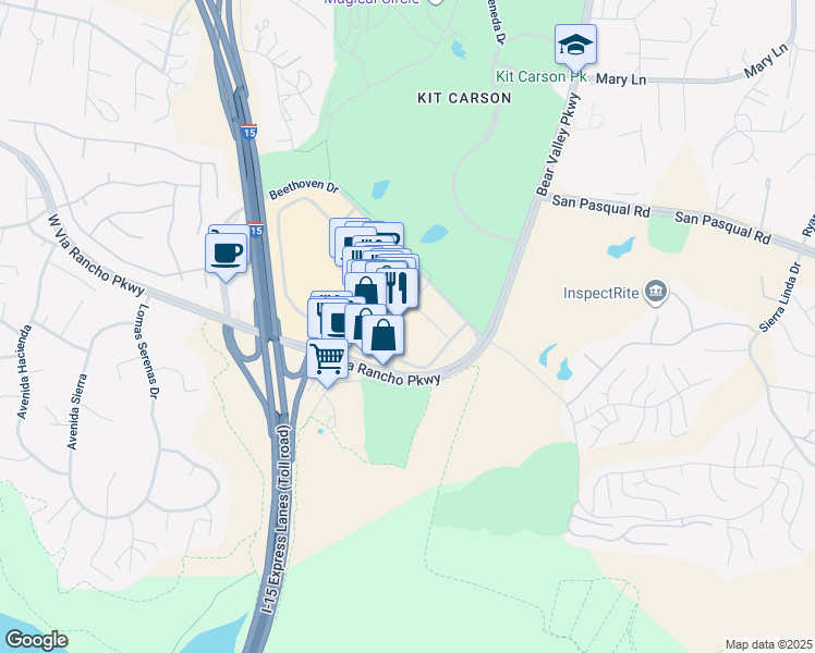 map of restaurants, bars, coffee shops, grocery stores, and more near 290 East Via Rancho Parkway in Escondido