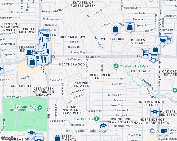 map of restaurants, bars, coffee shops, grocery stores, and more near 6829 Rochelle Drive in Plano
