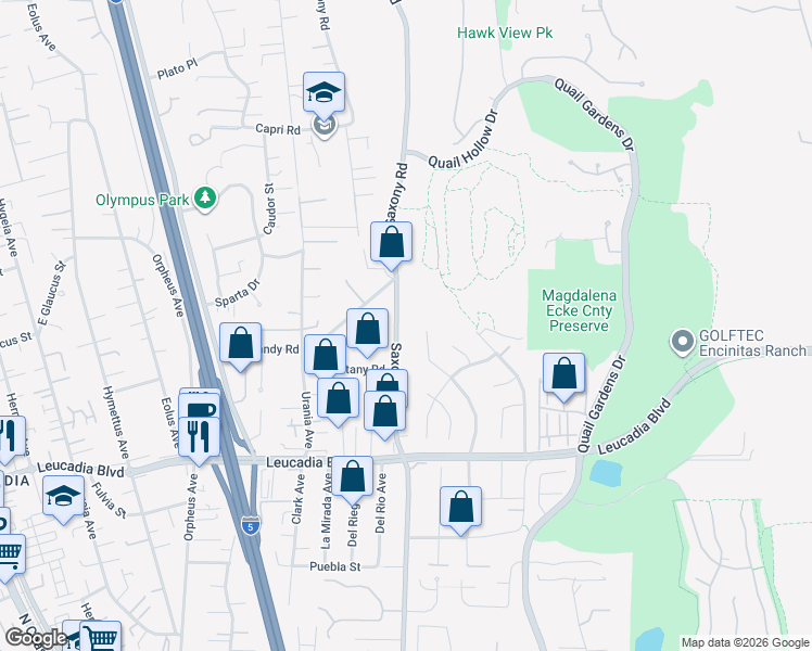 map of restaurants, bars, coffee shops, grocery stores, and more near 1129 Saxony Road in Encinitas