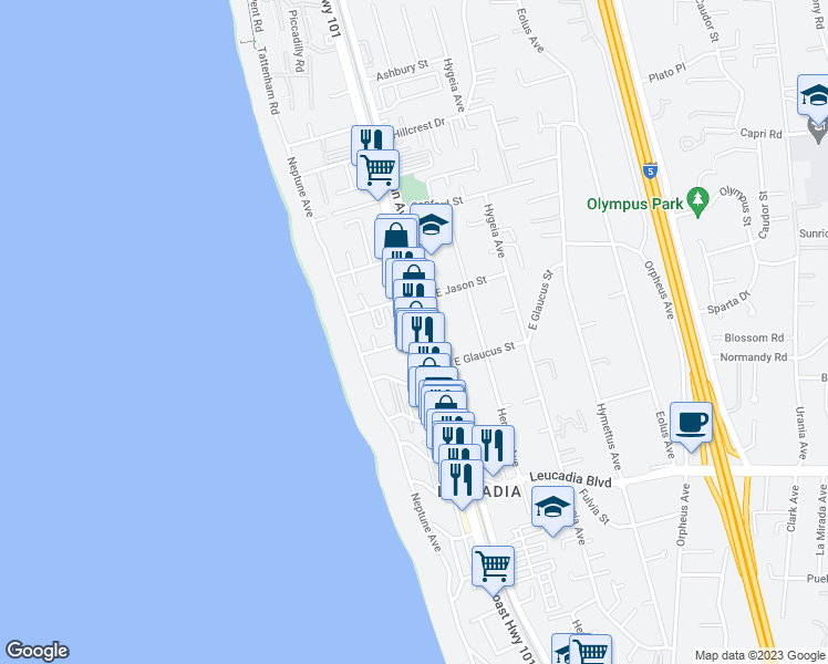 map of restaurants, bars, coffee shops, grocery stores, and more near 1210 North Coast Highway 101 in Encinitas