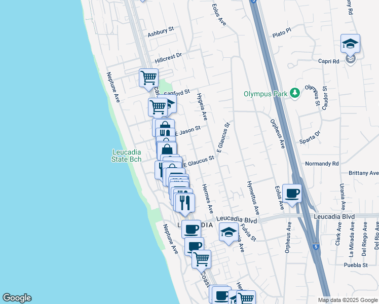 map of restaurants, bars, coffee shops, grocery stores, and more near 1125 Hermes Avenue in Encinitas