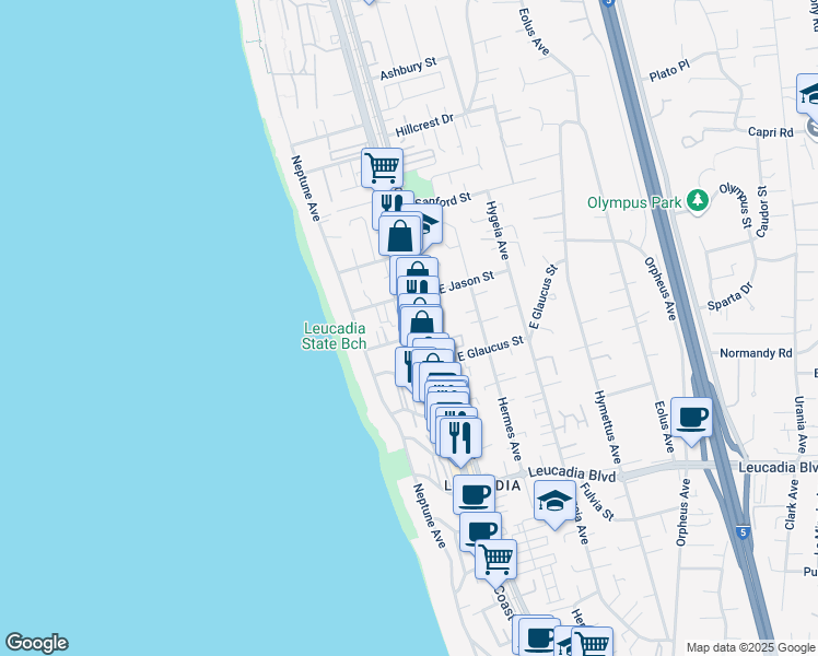 map of restaurants, bars, coffee shops, grocery stores, and more near in Encinitas