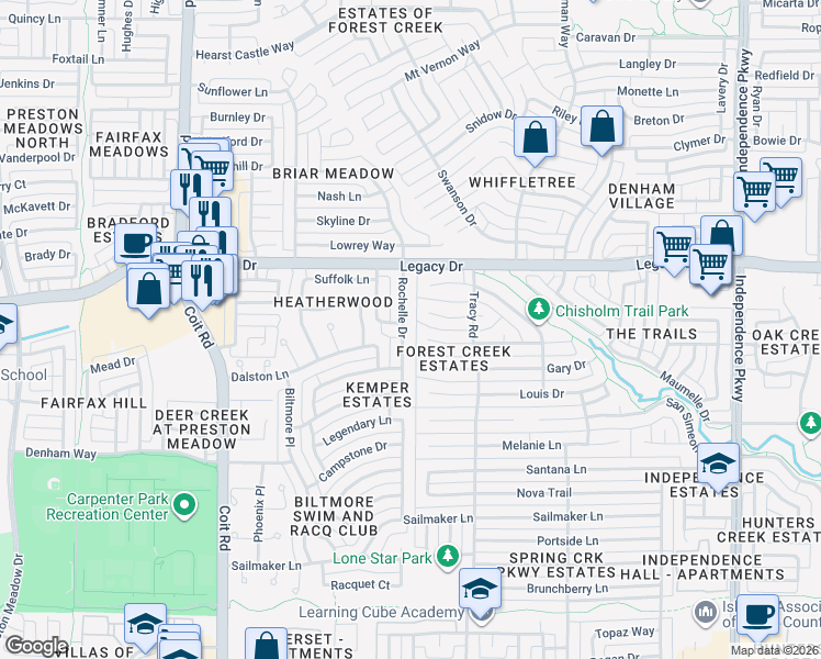 map of restaurants, bars, coffee shops, grocery stores, and more near 6829 Rochelle Drive in Plano