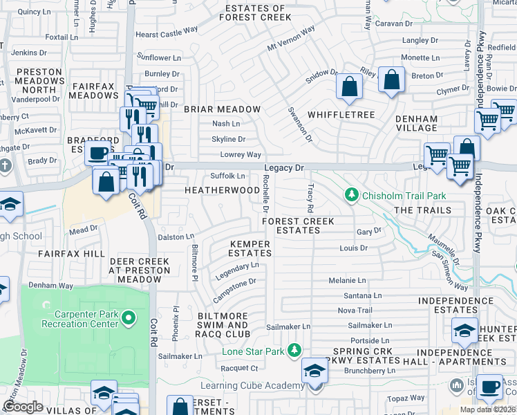 map of restaurants, bars, coffee shops, grocery stores, and more near 6829 Rochelle Drive in Plano