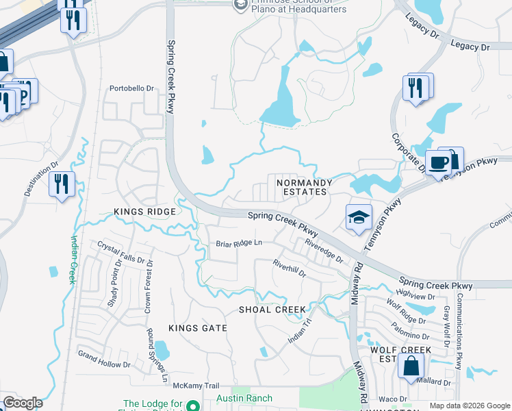 map of restaurants, bars, coffee shops, grocery stores, and more near 6713 Greyhawk Circle in Plano