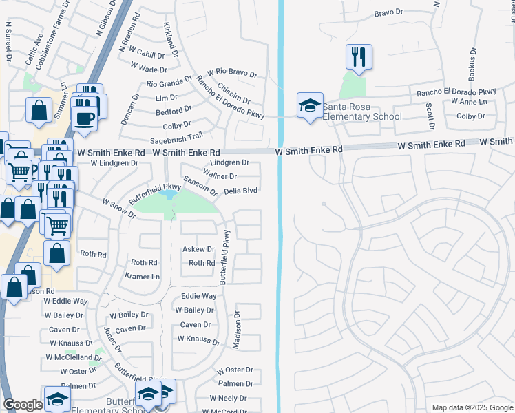 map of restaurants, bars, coffee shops, grocery stores, and more near 43206 West Snow Drive in Maricopa