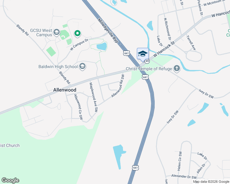 map of restaurants, bars, coffee shops, grocery stores, and more near 128 Allenwood Road Southwest in Milledgeville