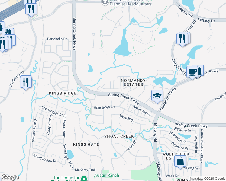 map of restaurants, bars, coffee shops, grocery stores, and more near 6713 Greyhawk Circle in Plano