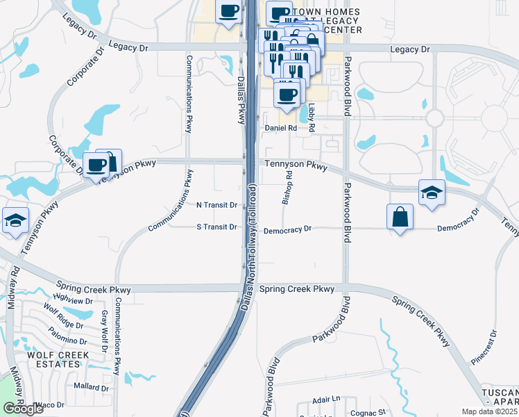 map of restaurants, bars, coffee shops, grocery stores, and more near 6840 Dallas Parkway in Plano