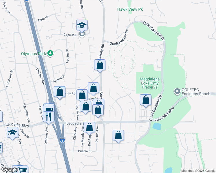 map of restaurants, bars, coffee shops, grocery stores, and more near 1111 Saxony Road in Encinitas