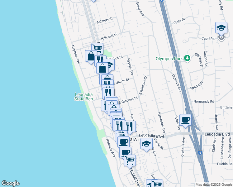 map of restaurants, bars, coffee shops, grocery stores, and more near 1125 North Vulcan Avenue in Encinitas