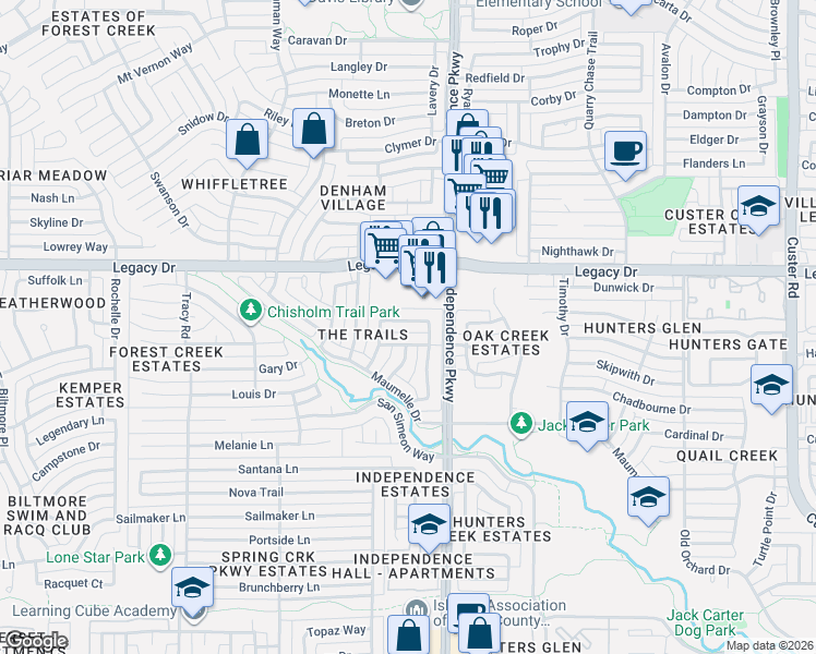 map of restaurants, bars, coffee shops, grocery stores, and more near 6844 Foxhollow Drive in Plano