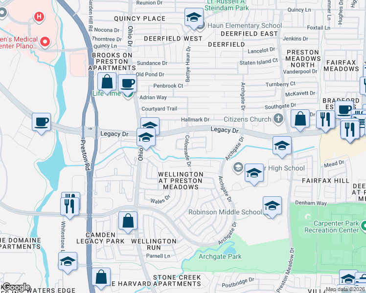 map of restaurants, bars, coffee shops, grocery stores, and more near 4616 Birkshire Lane in Plano