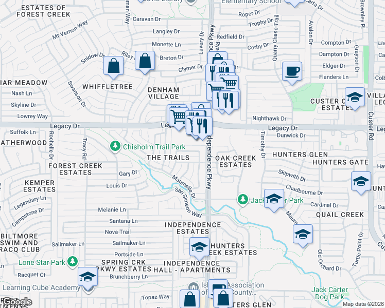map of restaurants, bars, coffee shops, grocery stores, and more near 6844 Foxhollow Drive in Plano