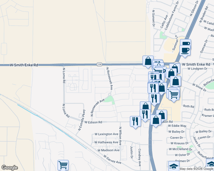 map of restaurants, bars, coffee shops, grocery stores, and more near 45296 Gavilan Drive in Maricopa